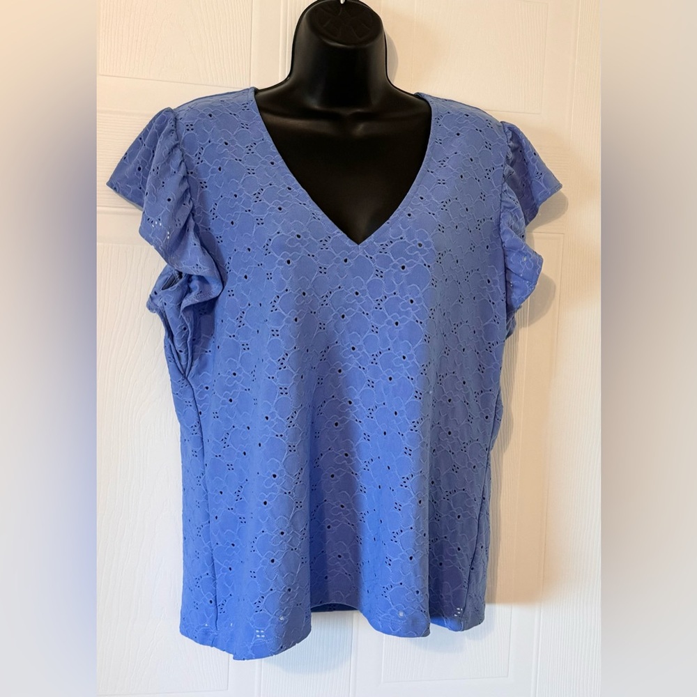 Michael Kors Floral Lace Eyelet Pull Over Blouse Blue Size Large Ruffled Sleeve